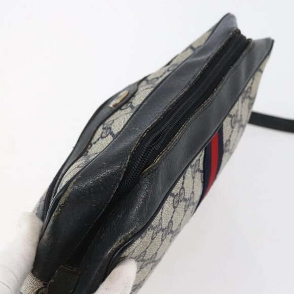 GUCCI GG Canvas Sherry Line Shoulder Bag PVC Leather Navy Red Auth - Picture 4 of 15